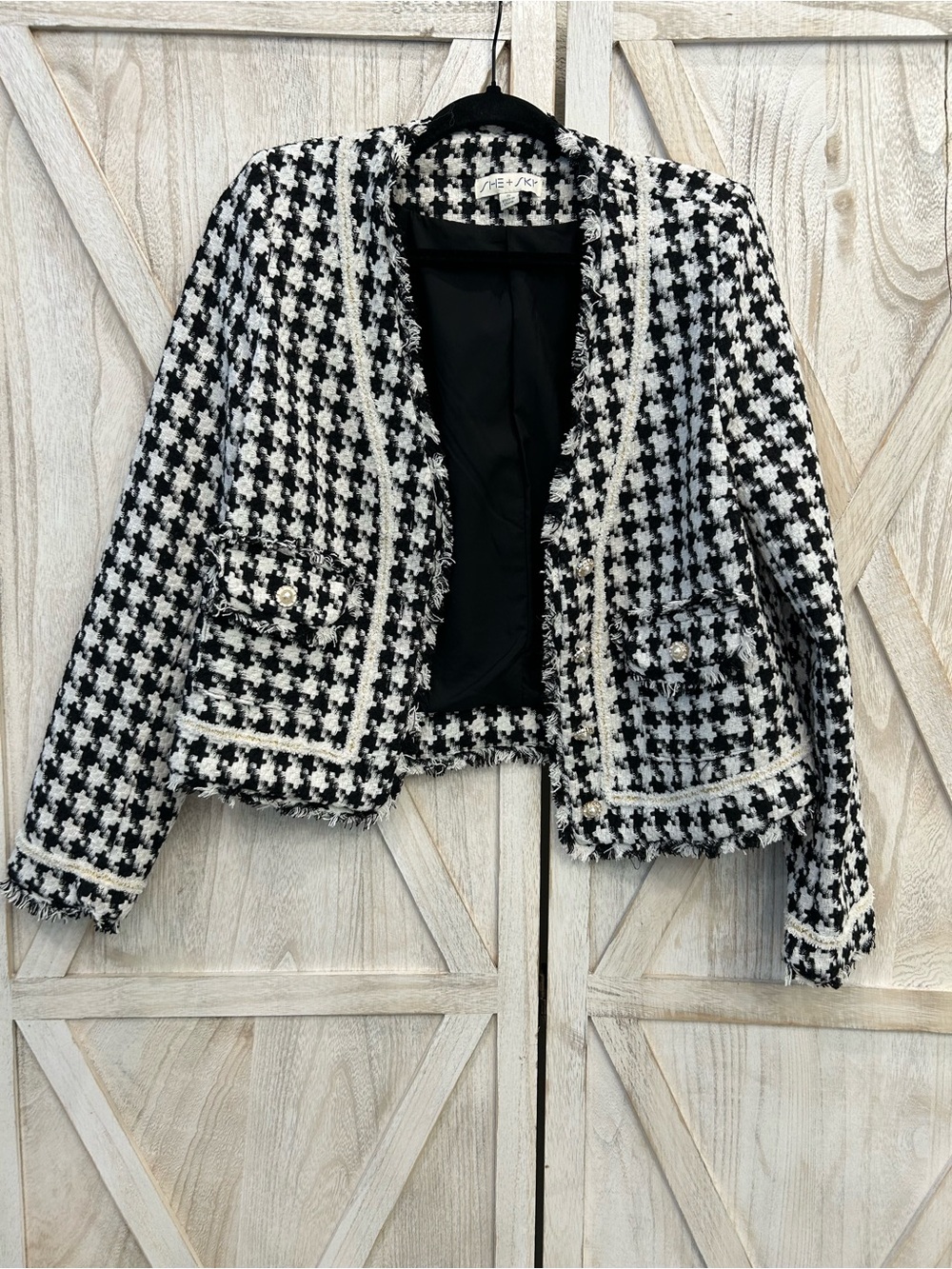 She + Sky Black & White Tweed Houndstooth Open Front Jacket